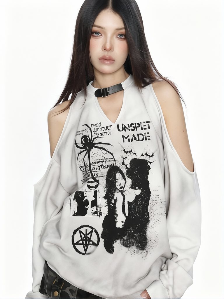 Graphic Hoodie Streetwear - Женская толстовка Y2K с открытыми плечами